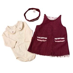 Janie and Jack Aviary Cream & Burgundy Wool Dress, Bodysuit & Headband 3-6 mon